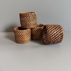 Set of 4 Wicker Rattan Woven Napkin Rings Brown Wood Pier 1 Natural Round Dark